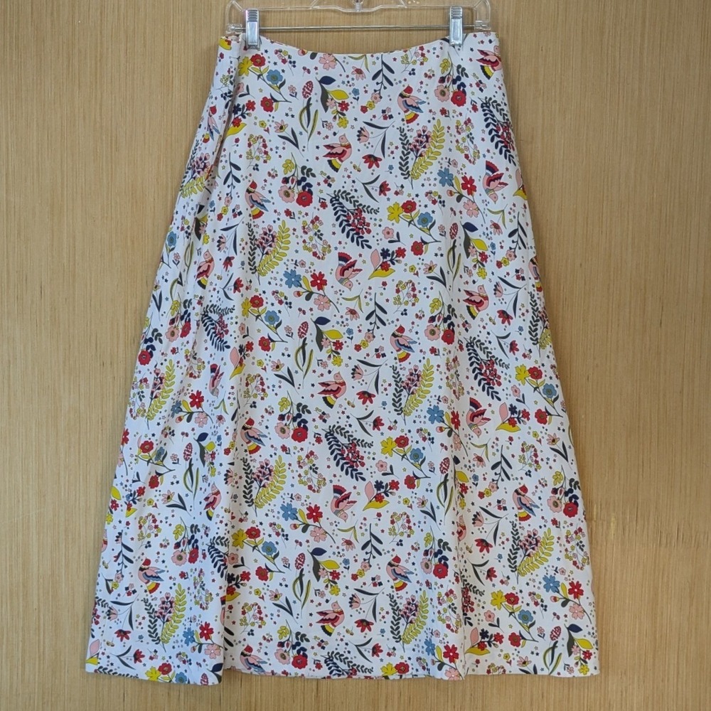Boden Womens Maximalism Artsy Floral Bird Midi Skirt Size 10 White A-Line Lined